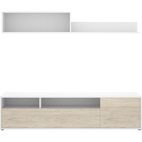Ensemble de salon avec meuble TV avec 2 portes + étagère en bois mélaminé coloris chêne naturel, blanc - Longueur 180 x Profondeur 35 x Hauteur 44/28 cm (1/4)