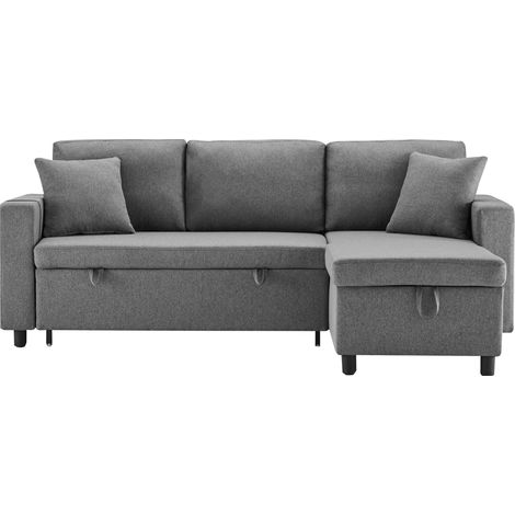 Dunkelgraues Eckschlafsofa aus Leinen mit Stauraum und 2 Kissen MODENUIT (1/5)