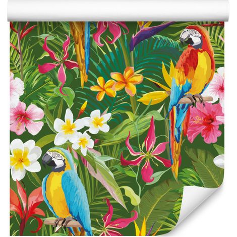 Papel pintado con loros, hojas y flores tropicales para salón y dormitorio, 50x1000 cm. (1/5)