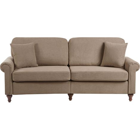 3 Seater Sofa Brown Fabric Upholstery Scrolled Arms Wood Frame Throw Pillows Modern Living Room GINNERUP (1/5)