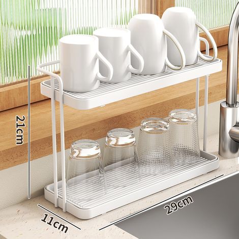 Etagere murale bianca doppio scaffale per tazze e bicchieri con maniglia U – Supporto murale pratico per cucina, bagno o ufficio