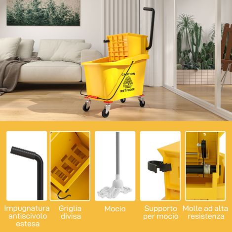 Seau professionnel 36L jaune avec serpillière, essoreuse, roues et poignée, dimensions 55x37x65 cm, kit de nettoyage robuste. (1/5)
