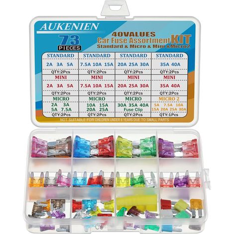 Kfz-Sicherungssatz mit 40 Werten: 2A, 3A, 5A, 7,5A, 10A, 15A, 20A, 25A, 30A, 35A, 40A. Standard, Mini, Mikro, Klein, Mikro2. Kfz-Sicherungen für Autos, Motorräder, Lkw, Boote und andere Kraftfahrzeuge