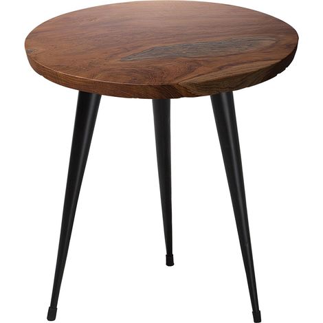 Tavolino Tondo da Salotto in Legno di Teak Scuro Gambe Nere 45 cm Detah