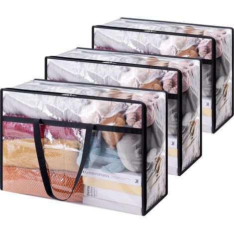 Los 3 Sac Range Transparent 60L, Sac Range Vetement in PVC, Housse de Couette Pliable avec Poignées, Boite range pour Demenagement (1/5)
