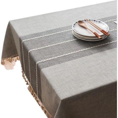 Nappe brodée pour table à manger, style rustique champêtre, avec pompons, en coton et lin, résistante aux taches et aux éclaboussures, rectangulaire, couleur café. (1/5)