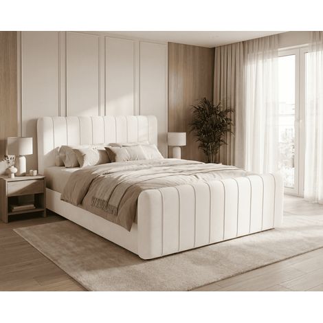 Emporius Lit double 140 x 200 Porto Bis, style moderne, matelas et surmatelas - lit avec rangement, Crème (1/5)