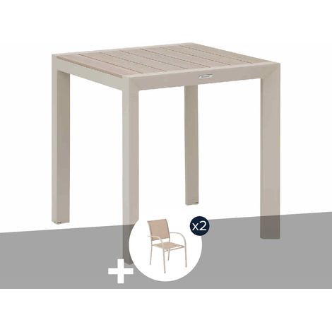 Table de jardin carrée alu Evasion 2 places effet bois Lin et argile + 2 fauteuils Piazza - Hespéride
