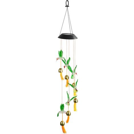 Carillon éolien LED solaire Colibri pour le jardin, résistant aux intempéries, s’illumine dans l’obscurité, avec 6 clochettes,panneau solaire,crochet de suspension, 12,5 x 78 x 12,5 cm, coloré, Kolib (1/5)