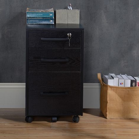 Caisson de bureau rangement bureau sur roulettes 3 tiroirs 1 verrouillable 1 trieur à dossiers MDF panneaux particules noir - Modèle