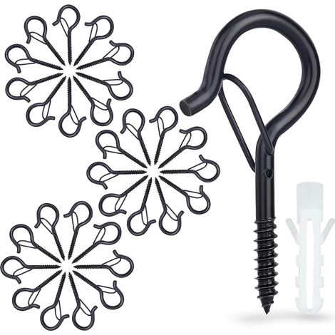 Lot de 30 crochets à visser, crochets à visser avec verrou, crochets de plafond pour paniers de plantes, nichoirs, carillons et lampes, crochets muraux noirs pour intérieur et extérieur (1/5)