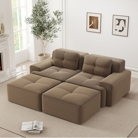 MODFU – Divano modulabile con seduta da 74 cm, pouf e rivestimento in velluto a coste, schiuma 32D – Marrone (1/5)