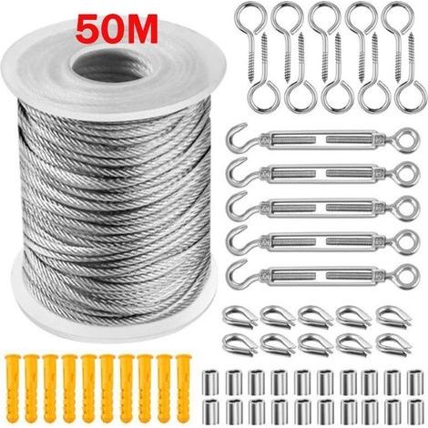 Corde en Acier Inoxydable à Suspendre Kit,50M/2mm Cable en Acier Inoxydable Revêtu avec Tendeur Câble et Crochet pour Suspension Lumineuse,Plante Grimpante,Corde a Linge,Rideau,Rambarde (1/5)