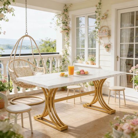 Mesa de comedor 160 x 80 cm, blanco y dorado, efecto mármol, patas metálicas OKMYHOME (1/5)