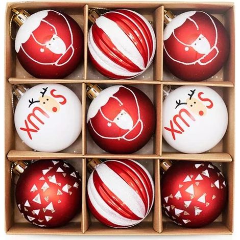 Lot de 9 boules de Noël élégantes - Diamètre: 6 cm - Décoration de Noël (rouge/blanc) (1/4)