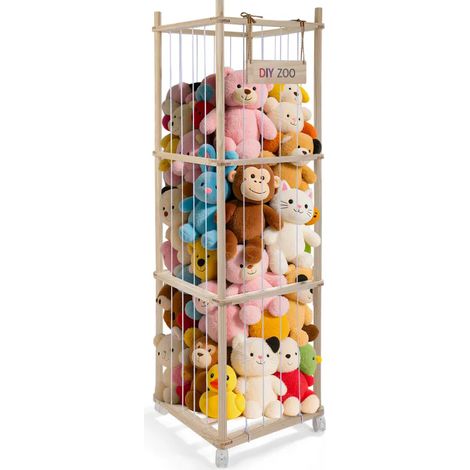 Étagère à jouets en peluche sur pied, 138 x 41 x 41 cm, en bois massif, avec roulettes pivotantes à 360°, idéale pour les chambres, les salons et autres espaces.