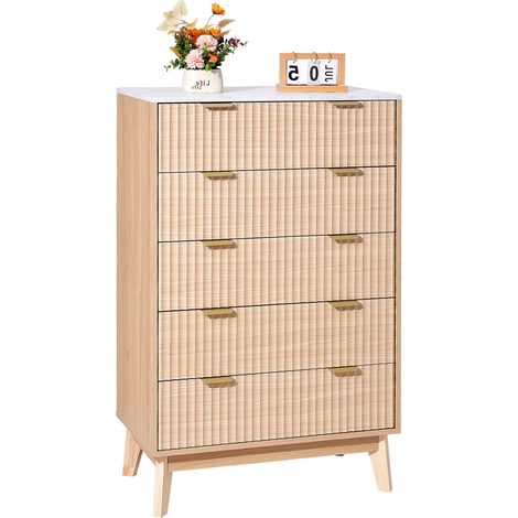 VEVOR Cassettiera a 5 Cassetti Scanalati, Cassettiera in Legno con Meccanismo Scorrevole e Antiribaltamento, Moderna e Minimalista, Organizzatore per Armadio per Camera da letto, Legno Chiaro