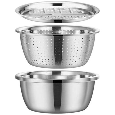 Ensemble de trois ustensiles de cuisine en acier inoxydable : râpe, bol mélangeur et passoire. Multifonctionnel, pour la cuisine. Diamètre : 26 cm. Couleur : argent