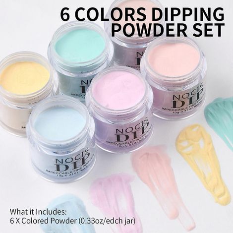 NOCIS Kit de poudre à tremper pour ongles 6 couleurs, kit de poudre pour nail art, séchage rapide, sans lampe UV/LED