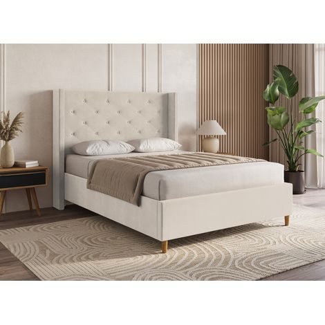 Deco In Paris – Lit double en velours capitonné beige 160x200 cm – Tête de lit capitonnée pour confort optimal – Pieds en bois élégants (1/5)