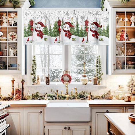 Cortina corta de 54x18 pulgadas, cortinas navideñas para cocina, cenefa de ventana con muñeco de nieve y pájaro cardenal, cortinas de baño con bolsillo para barra, cortinas de cocina sobre S (1/5)
