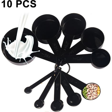 Ensemble de 10 cuillères et tasses doseuses en plastique pour la cuisine, permettant de mesurer les ingrédients secs et liquides.