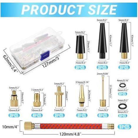 Kit d'embouts de gonflage 33 pièces – Adaptateurs AV, SV, DV – Tube de gonflage et boîte de rangement – Matériaux durables et résistants à la corrosion (1/4)