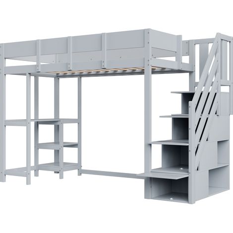 Lit mezzanine multifonctionnel avec rangement et étagère, 90 x 200 cm, cadre en pin massif avec sommier à lattes, lit pour enfants et adolescents, gris (1/5)
