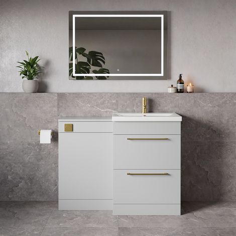 Napoli 390 Gloss Grey Pearl 1100mm 2 Drawer Vanity Unit Toilet Suite with Glide Basin - 1100mm - Brushed Brass 320mm HandleWithout Kingston Toilet Pan