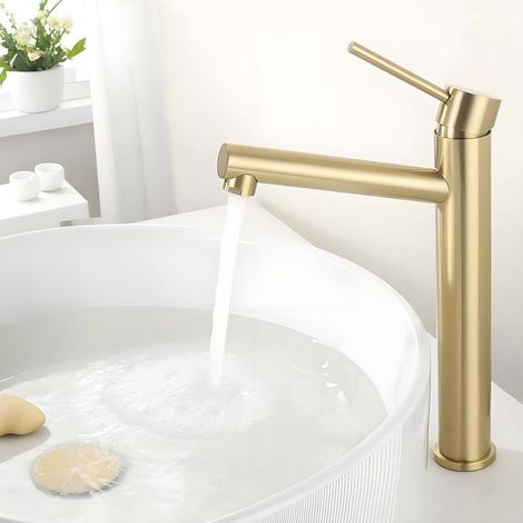 Robinet de Lavabo Haut Doré, Mitigeur Vasque à Poser, Robinetterie Salle de Bain Chaud et Froid Réglable, Acier Inoxydable, Aérateur Démontable, Doré (1/5)