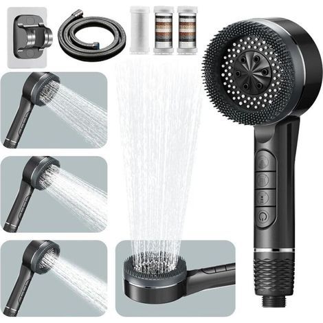 Pommeau de douche avec flexible de 1,5 m, Ion Drops pour eau dure, 4 modes, filtre Ion Drops avec interrupteur marche/arrêt, haute pression pour nettoyer les coins, la baignoire et les animaux, gris (1/4)