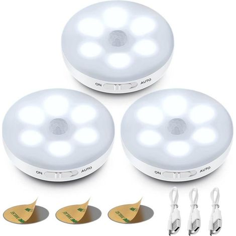Veilleuse LED Automatique, Lampe Detecteur de Mouvement Interieur, Lumiere Autocollante USB Pile Rechargeable, LED Sans Fil (Blanc) (1/5)