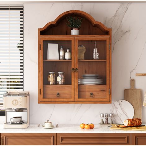 Retro Wandschrank Mit Geschwungenem Wellendach Und Schubladen Einsetzbar Für Küche, Badezimmer, Esszimmer Und Wohnzimmer(Braun) (1/5)