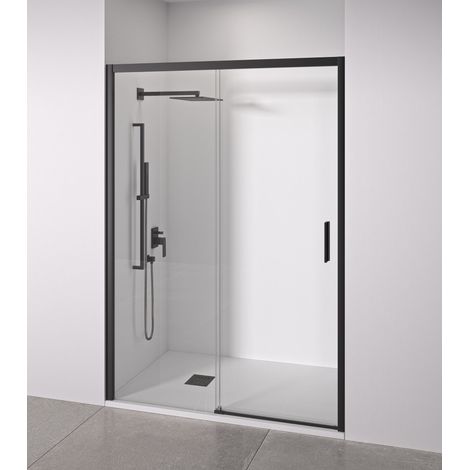 Mampara de ducha frontal 1 corredera + 1 fijo - sin perfilería inferior - Cristal transparente templado 6mm antical - Negro Mate - Ancho adaptable 165 a 170cm - Posición puerta derecha - Alto 195cm