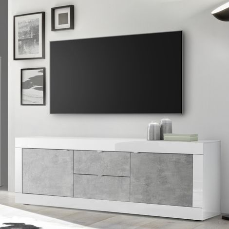 Meuble TV 2 portes - 2 tiroirs blanc et gris 210cm CALIA (1/5)