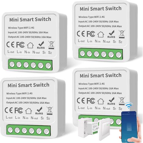 Set mit 4 intelligenten Einweg-Schaltermodulen – Kompatibel mit Smart Life – Mini-DIY-Module – Intelligenter Schalter – WLAN-Schalter – Kompatibel mit Tuya, Alexa Echo und Google Home (1/5)