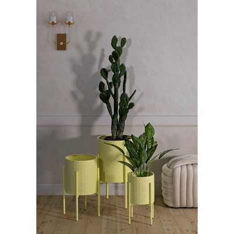 Dmora - Set di 3 portavasi Buller, Complemento d'arredo, Articolo decorativo, Accessorio d'arredo, 36x36 h57 cm, Giallo
