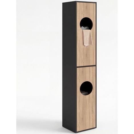 Armoire à linge buanderie, colonne de salle de bain WALLIS noir et bois façon hêtre (1/5)