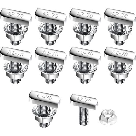 Lot de 10 vis à tête marteau - M10 x 25 mm - En acier inoxydable A2-70 T - Avec écrous à bride - Pour rail de montage solaire PV, serre photovoltaïque (1/5)