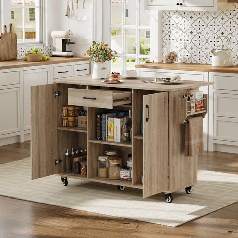 Desserte de cuisine à roulettes îlot mobile avec plateau rabattable 67,5-120 cm et rangements décor chêne Sonoma (1/5)