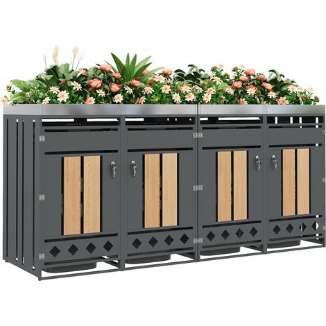 Abri poubelles 4 compartiments avec bac à plantes, portes effet bois, acier galvanisé verrouillable pour extérieur, gris et bois, CHICFURN (1/5)