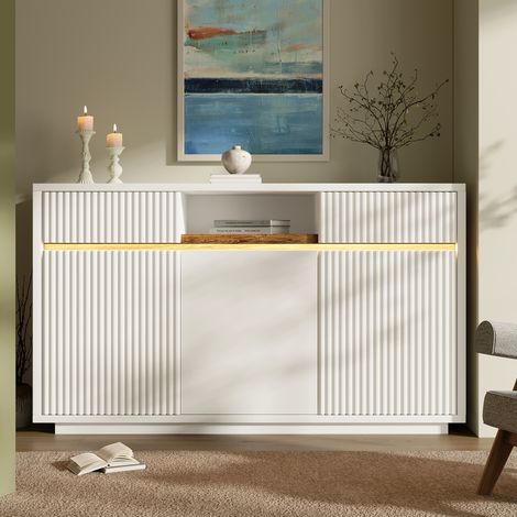 Buffet blanc 140x40x85 LED 2 tiroirs 3 portes OKMYHOME (1/5)