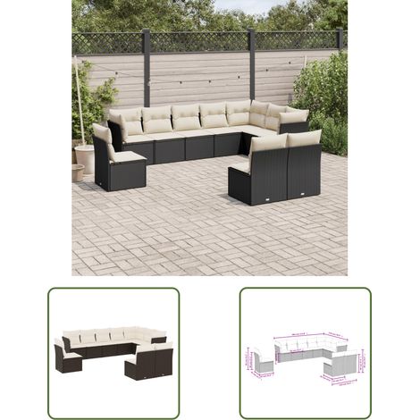 The Living Store Salon de jardin 10 pcs avec coussins noir résine tressée - Salon De Jardin - Mobilier Extérieur - Set Salon - Résine Tressée - Rotin Synthétique (1/3)