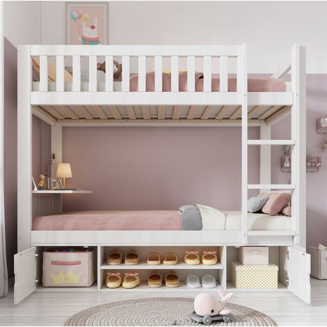 DESVIAE Lit superposé enfant 90 x 200 cm avec table rabattable rangements et étagère à chaussures blanc bois (1/5)