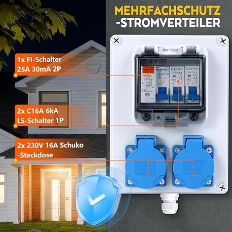 Répartiteur mural pré-câblé - Répartiteur de courant de construction avec interrupteur FI 25 A+LS - Disjoncteur 16 A - 2 prises Schuko 230 V - Boîtier étanche IP67 - Répartiteur de courant de (1/4)