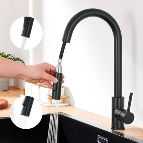 Schwarze Küchenarmatur mit 2 Funktionen, ausziehbarer Brause, 360° drehbarer Küchenmischer aus Edelstahl (1/5)
