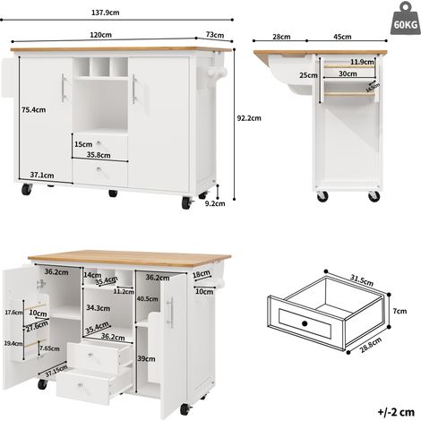 Îlot de cuisine buffet,120x73(45)x92cm, plan rabattable, porte-serviettes, étagère épices, casier bouteilles, étagères réglables, blanc/noir (1/5)