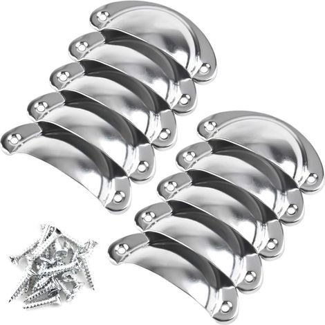 10 Pièces Poignées de Tiroir Coquille Vintage Poignée de Coquille Bouton de Porte, Demi-cercle Chromé Argenté Poignées de Meuble Métal pour Placard Armoire Commode Cuisine avec Vis de Montage (1/5)