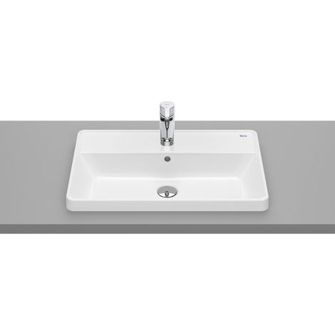 Roca – Vasque à poser carrée avec trou robinet – Dimensions 600x390x130 mm – Porcelaine – Installation sur plan de travail – Tablette intégrée (1/2)