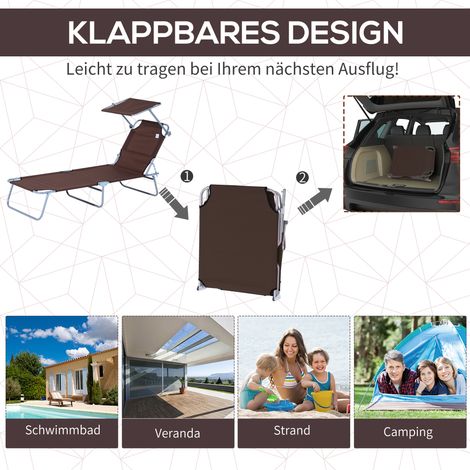 Transats pliants de jardin avec pare-soleil, chaise longue à dossier réglable sur 4 positions, support jusqu'à 120 kg, pour terrasse, balcon et piscine, 6 coloris (Marron) (1/5)